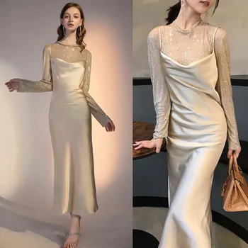 

New shelf designer Chen the hot drill top imitates the silk suspender long suit female