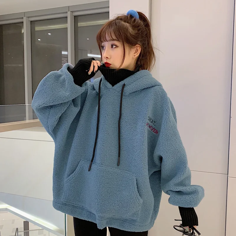 

2019 Autumn & Winter New Furry Hoodie Women's Brushed And Thick Mock Two-Piece Korean-style Half-Turtle-Neck Pocket Coat W