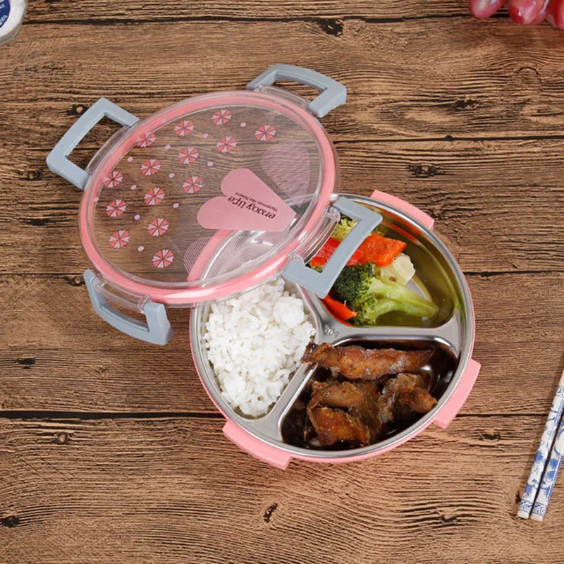 

Plastic & Stainless Steel Food Container Portable Lunch Box School Picnic Food Fruit 3 Grids Container Storage Box HD