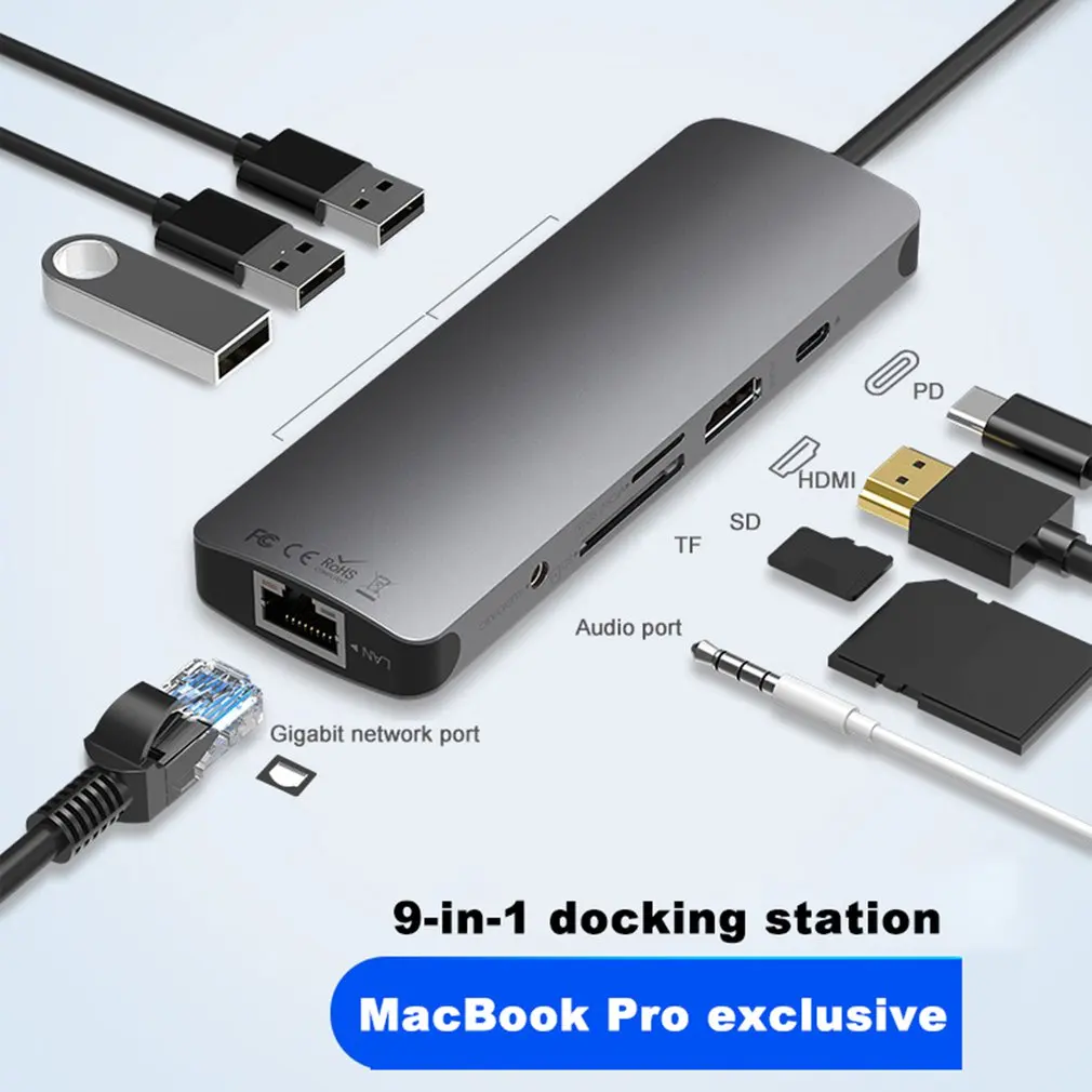 

USB C to Rj45 Lan 4K HDMI 3 USB 3.0 SD Card 3.5mm Audio Port 9 In 1 Type C Dock Adapter Hub PD Charge for Macbook/S8 Dex Mode