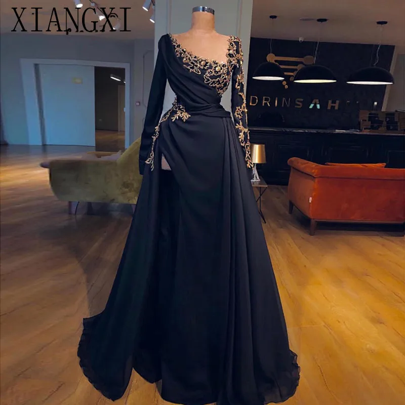 

Black Muslim Evening Dresses 2019 A-line Long Sleeves Chiffon Lace Long Islamic Dubai Saudi Arabic Long Formal Evening Gown