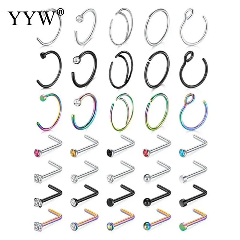 

30 Pcs Stainless Steel Nose Studs Cubic Hoop Body Piercing Silver Color Heart Nose Stud Zircon Nostril Studs Screws Nose Ring