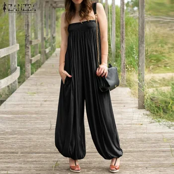 

ZANZEA Elegant Women's Jumpsuit 2020 Summer Sexy Off Shoulder Jumpsuits Lady Loose Wide Leg Pants Overalls Solid Cotton Playsuit