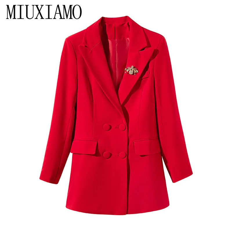 

MIUXIMAO TOP QUALITY 2019 Fall Winter Runway Diamonds Beatles Double-breasted Jacket Red Eleghant Overcoat Women Vestidos