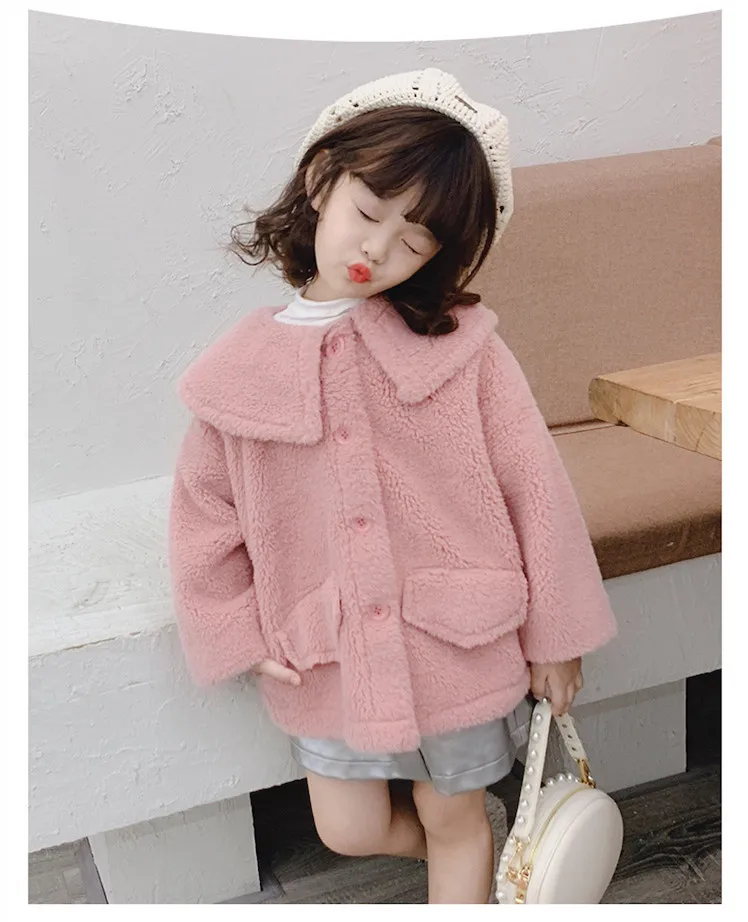 Новая зимняя куртка в Корейском стиле из искусственного меха ягненка с длинными секциями и отложным воротником ярких цветов верхняя одежда для девочек - Цвет: Розовый