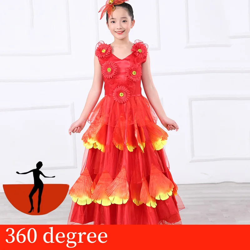Юбка для танцев с Фламенго для девочек испанское фламенко-платье юбка с лепестками для сцены и выступлений детское испанское платье для девочек SL1445 - Цвет: red 360