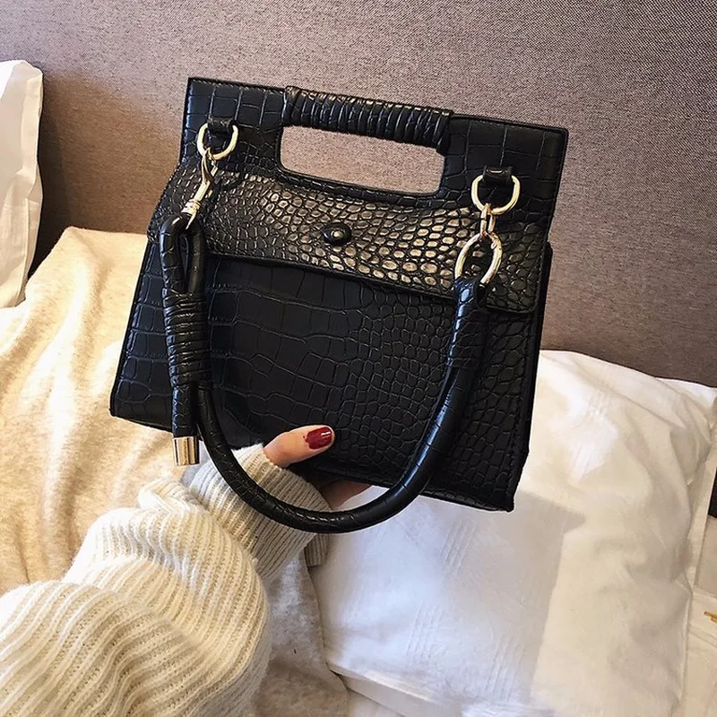 Women Vintage Tote Bag New Female Retro Square Crossbody Bag Luxury Brand Designer Alligator Pattern Shoulder Bag Handbag