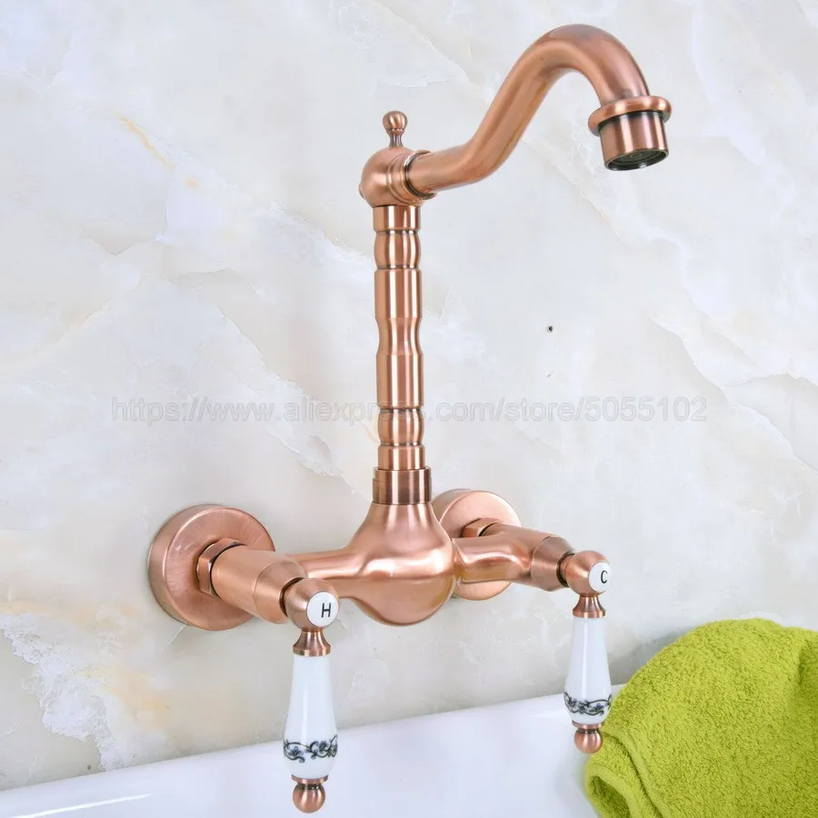 Antique Red Copper Wall Mounted Swivel Spout Bathroom Sink Faucet Double Handle Mixer Tap znf951 | Обустройство дома
