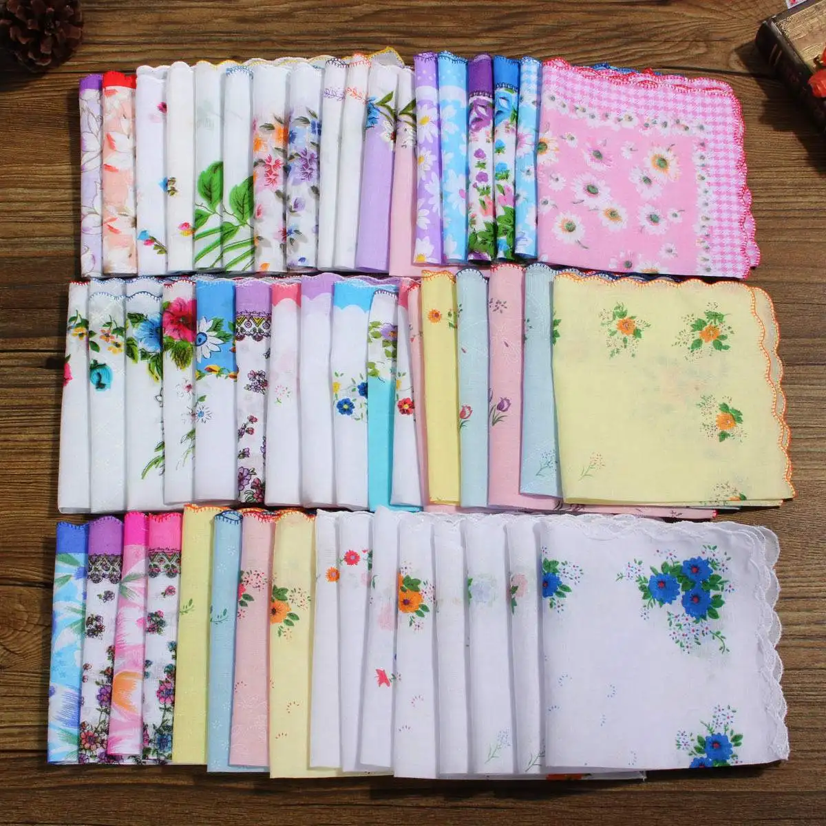 USA 50PCS Women Flower Handkerchiefs Various Cotton Vintage Hankies Floral Lady 