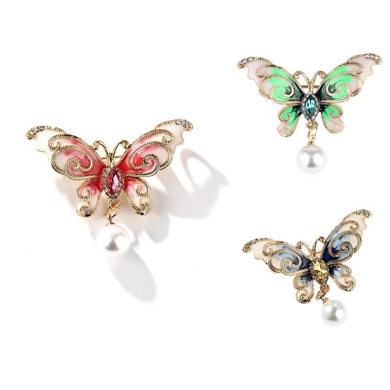 Rhinestone Pearl Butterfly Brooch Pins Fashion Women Crystal Enamel Insect Brooches Pin Jewelry Party Jewelry Gift