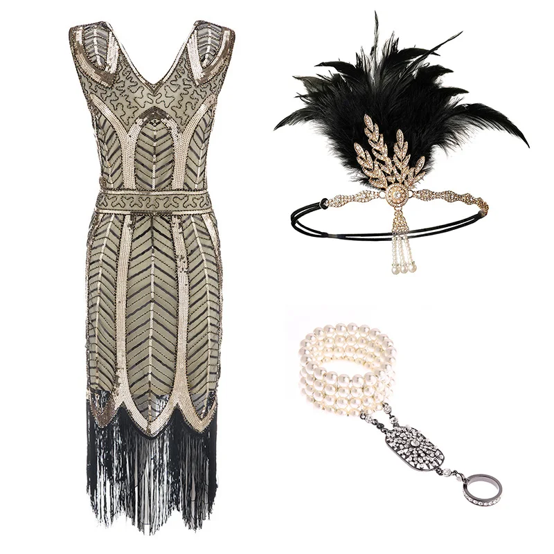 Платье размера плюс XXXL 1920s с хлопушкой, вечерние платья с блестками и бахромой в стиле Грейт Гэтсби - Цвет: APRICOT-SET--1