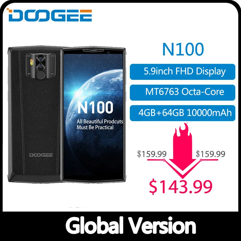 DOOGEE N100 мобильный телефон 10000 мАч батарея отпечатков пальцев 5,9 дюймов FHD+ Дисплей 21 МП камера MT6763 Восьмиядерный 4 Гб 64 Гб мобильный телефон 4G-LTE