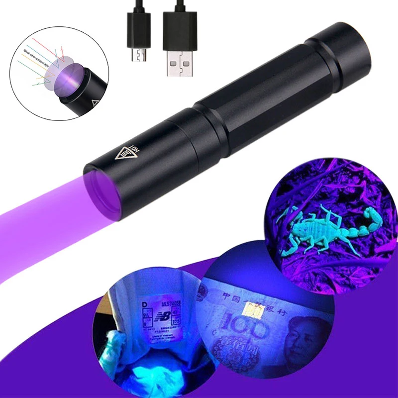 US $10.59 5W Mini UV Flashlight 365nm Ultraviolet Blacklight USB Rechargeable Purple Linternas Carpet Pet Urine Detector Catch Scorpions
