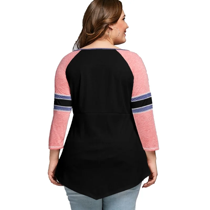 Large size women's color matching T-shirt plus size big 5XL 6XL 7XL 8XL bust 130 spring and autumn V-neck long-sleeved loose top