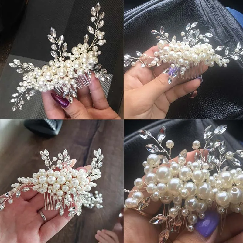  ACRDDK Pearl Crystal Flower Leaf Bridal Hair Comb Tiaras Crowns Bridal Headpiece Hair Jewelry Weddi