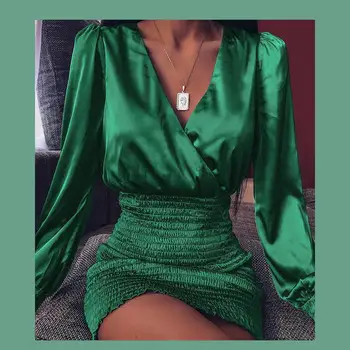 

Women Puffed Sleeve Tight Waist Bodycon Dress Long Sleeve Solid Chic Spring Fall V-neck Mini Dress