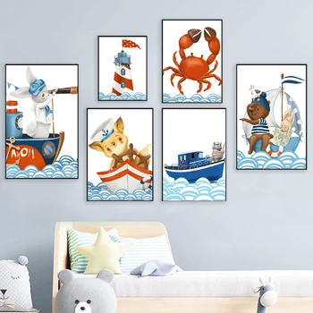 

Rabbit Bear Cartoon Captain Crab Ship SeaSailing Wall Art Canvas Painting Nordic Poster And Prints Wall Pictures Kids Room Decor
