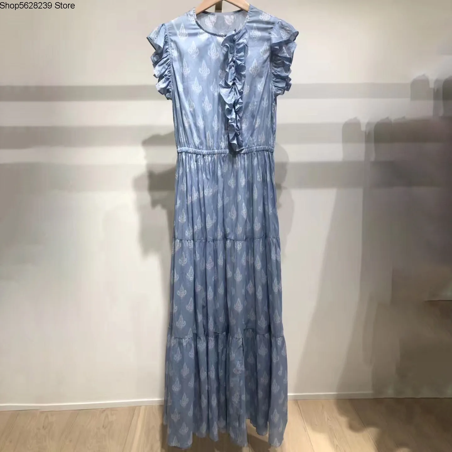 

Law Single 2020 Sweet Lotus Leaf Edge Printing Folds Sleeveless Two-piece Set Women's Wear Dress 190437