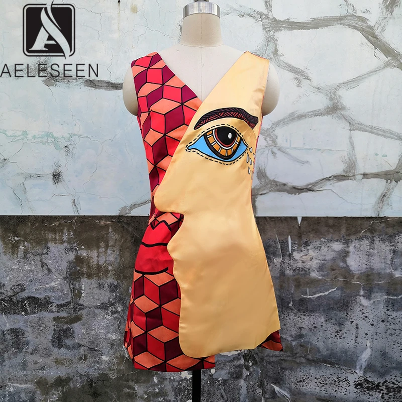 

AELESEEN Autumn Runway Half Face Print High Street Tank Irregular Dresses Women Luxury Spliced Process Asymmetric Mini Dress