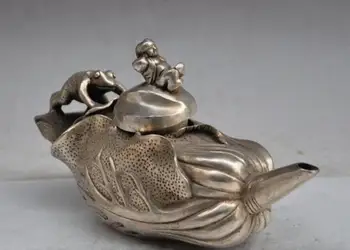 

9" china silver boy lad toad bufo frog Cabbage statue Yellow Wine Tea Pot Flagon
