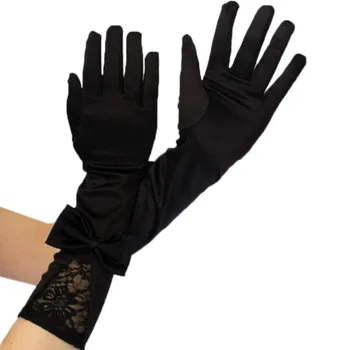 

1Pair Women Winter Black Lace Patchwork Satin Gloves With Bowknot Party Dance Performance Gloves Accessories Sexy Clubwear