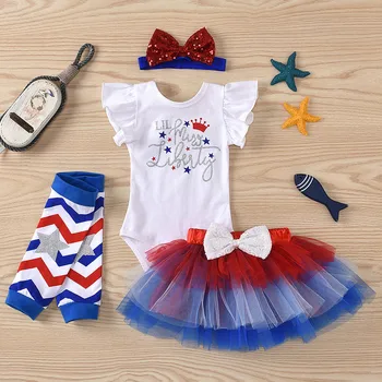 

2020 Nerw Baby Girl Summer Clothes Set 4th Of July Romper Short Sleeve Tutu Skirt Bow Hairband 3pcs Baby Clothes Girls Outfit