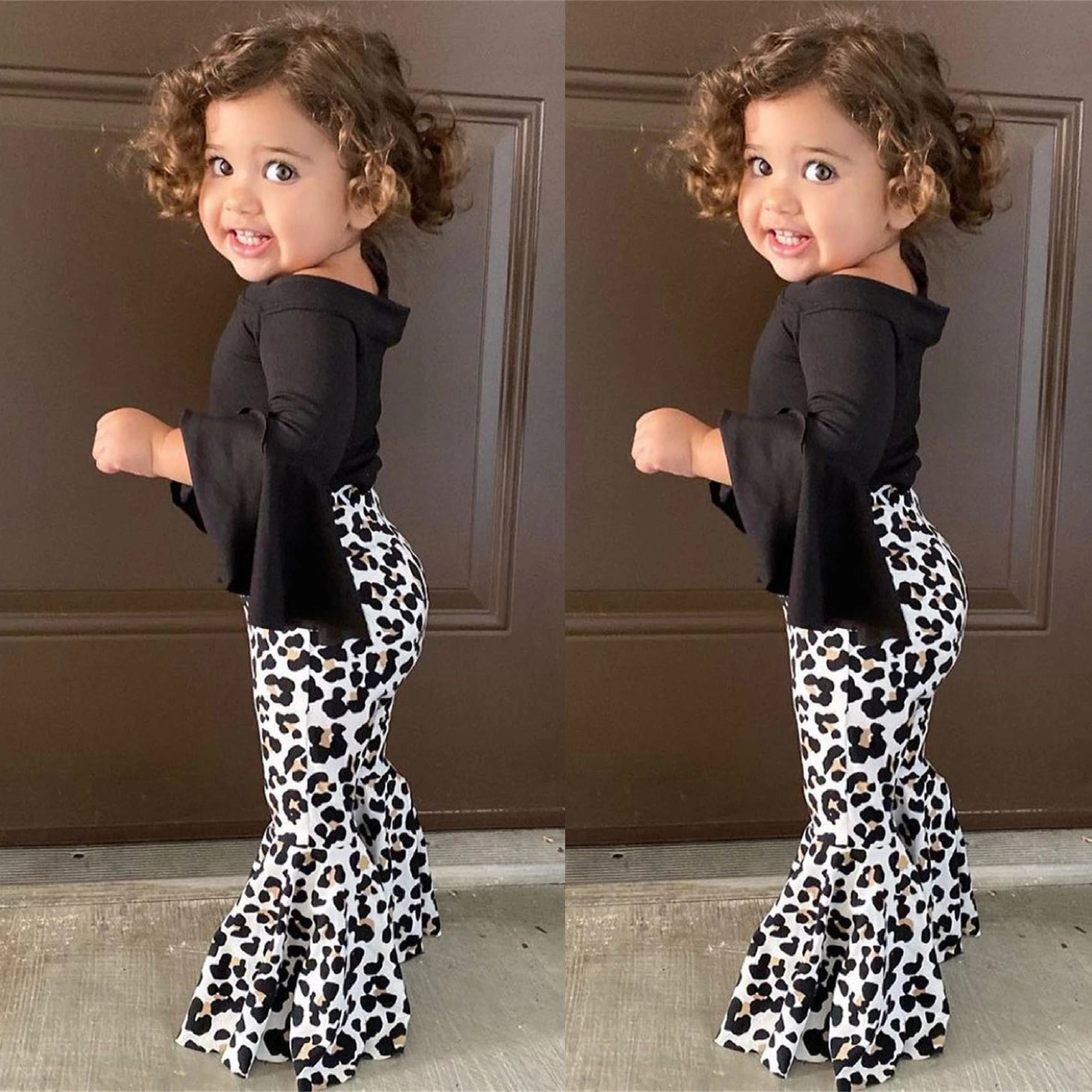 fat kid suit Baby Girl Clothes Set T-shirt Tops+ Leopard Print Bell-bottomed Pants Flared Pants Outfits Kids Clothes Girls Set Детская Одежда baby clothing sets girl