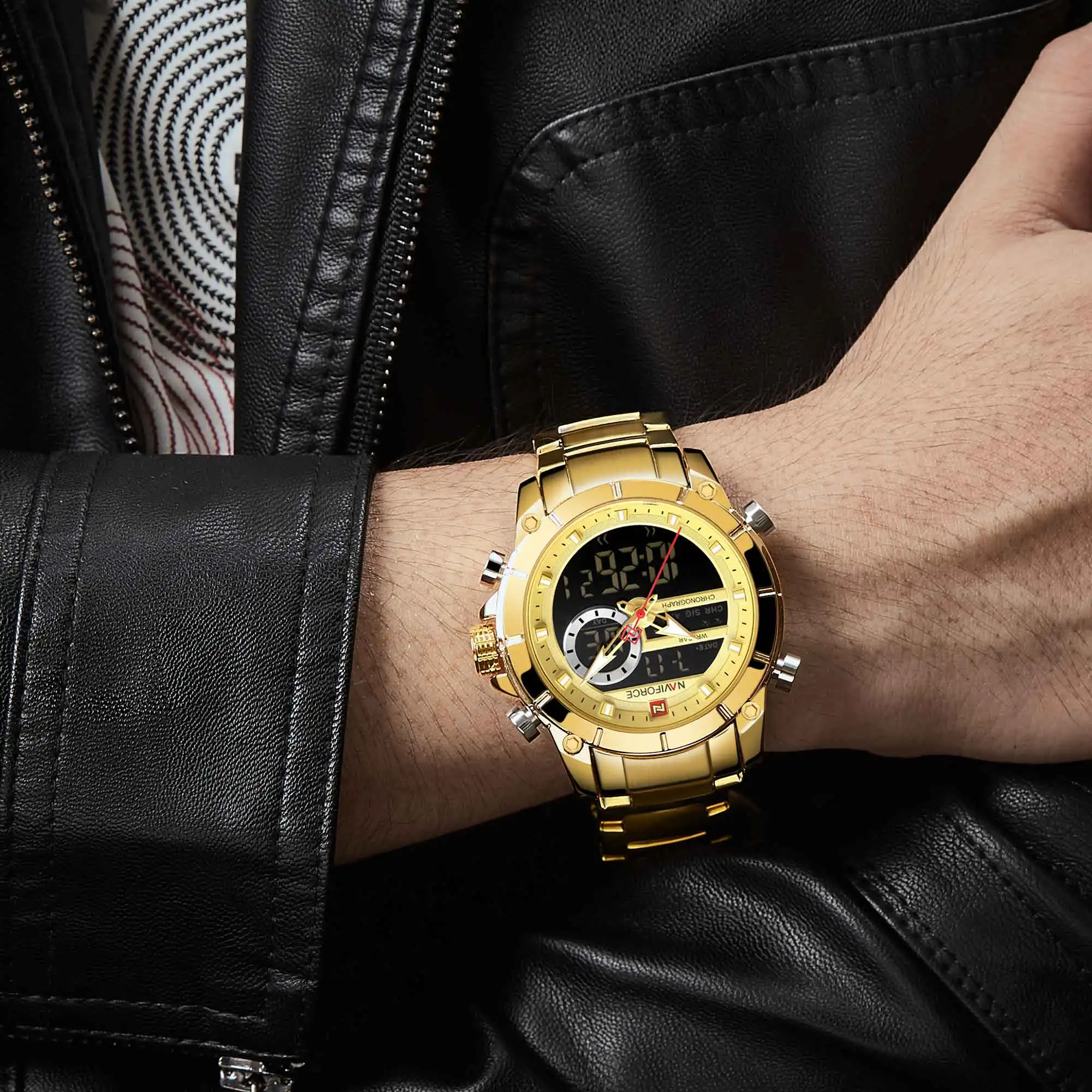 Naviforce Men Military Sport Wrist Watch Gold Quartz Steel Waterproof Dual Display Male Clock Watch-3