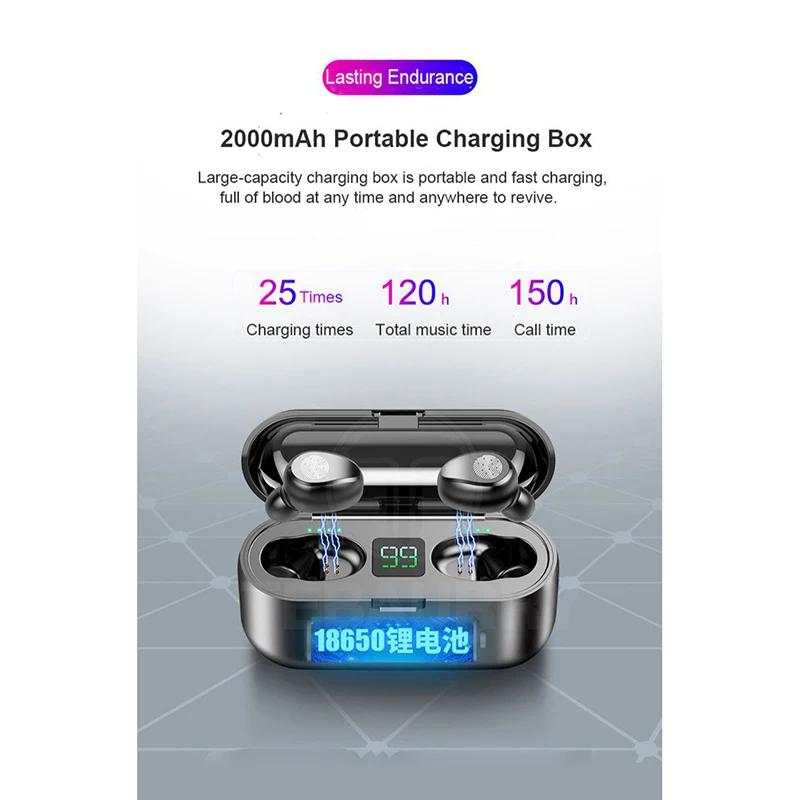 F9 TWS V5 0 Bluetooth Headset Wireless Sport Wireless Earphones Earphone with LED 2000 mAh Charging Bin Phone Holder
