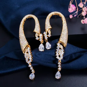 

LUALA Dubai Gold Color Women Wedding Party Jewelry Long Dangling Drop African Cubic Zirconia Golden Earring for Women CZ449