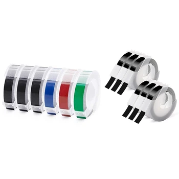 

12 Roll Embossing Label Tape 3D Plastic 9mm X , 6 Roll White On Black/ Blue/ Red/ Green & 6 Roll White On Black