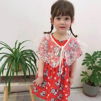 

Baby Girls Short Sleeve Dresses + Lace Shawl 2Pcs suit Summer Toddler Girls Dress Girl Cartoon Bear Clothes Children Clothing