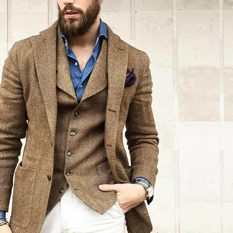 Хаки Деловой мужской костюм Slim Fit Свадебный Жених Нотч свадебный пиджак блейзер с узором в елочку - Цвет: Хаки
