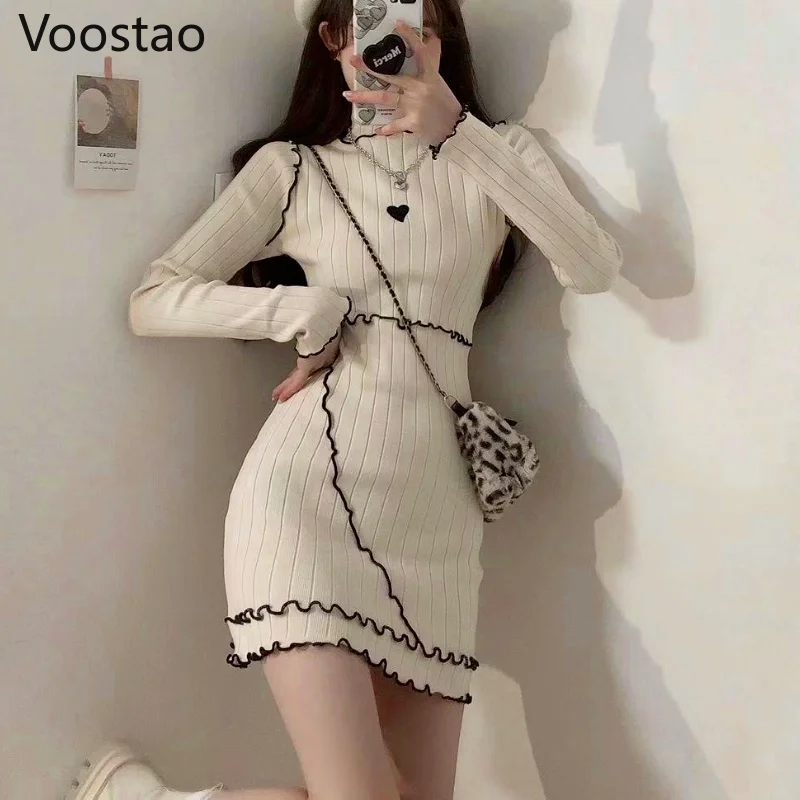 Women Sweet Dress Knitted Robe Long Sleeve Mini Dress Korean Bodycon Pencil Dresses Fashion Y2K Sweater Vestidos Ruffles Clothes