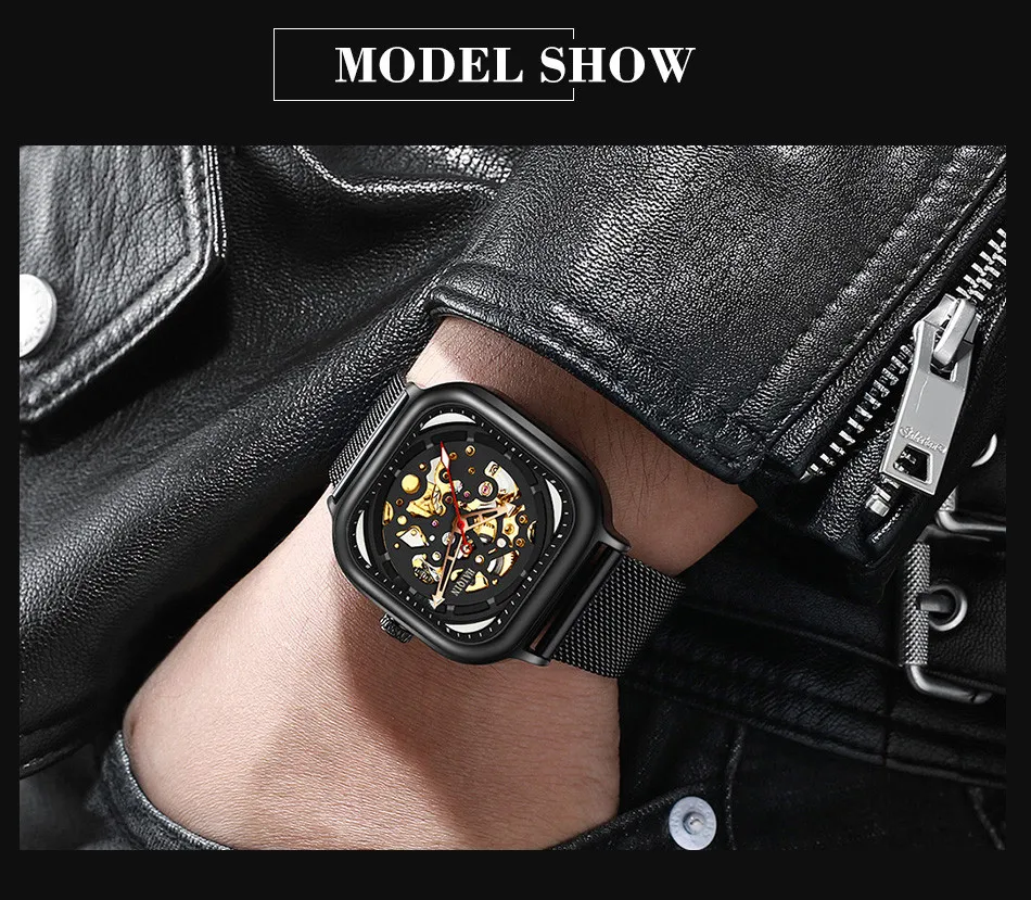 HAIQIN Fashion Sport Mens Watches top brand luxury Square Mechanical watch men wirstwatch Hollow skeleton erkek kol saati