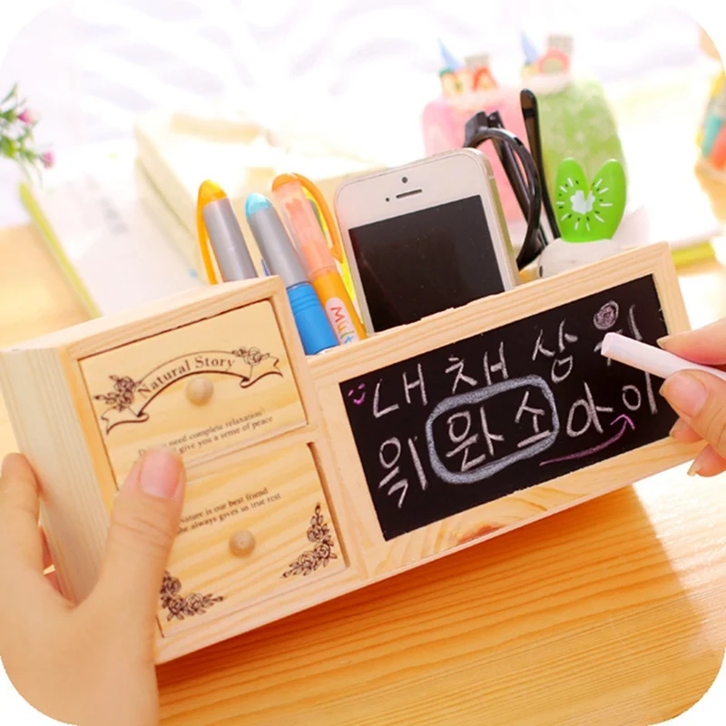 

New Wooden Cute Slot Pen Holder Multi-function Message Blackboard Pencil Case Creative Stationery Learning Office Supplies