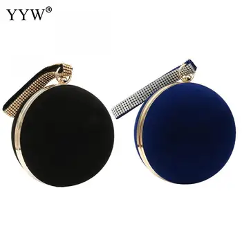 

2020 Fashion Women Evening Bag Black Dark Blue Flannelette Ladies Handbag Women Clutch Bag Small Round Rhinesetone Shoulder bags