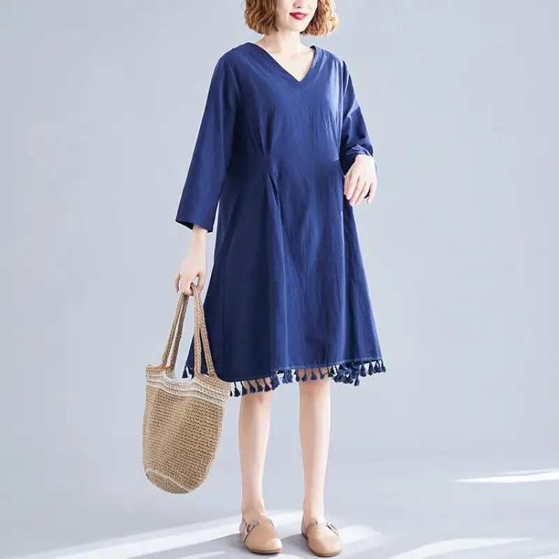 

Johnature Plus Size Dress Women Clothes 2019 New Autumn Loose V-neck Casual Three Quarter Sleeve Tassel Solid Color Women Dress