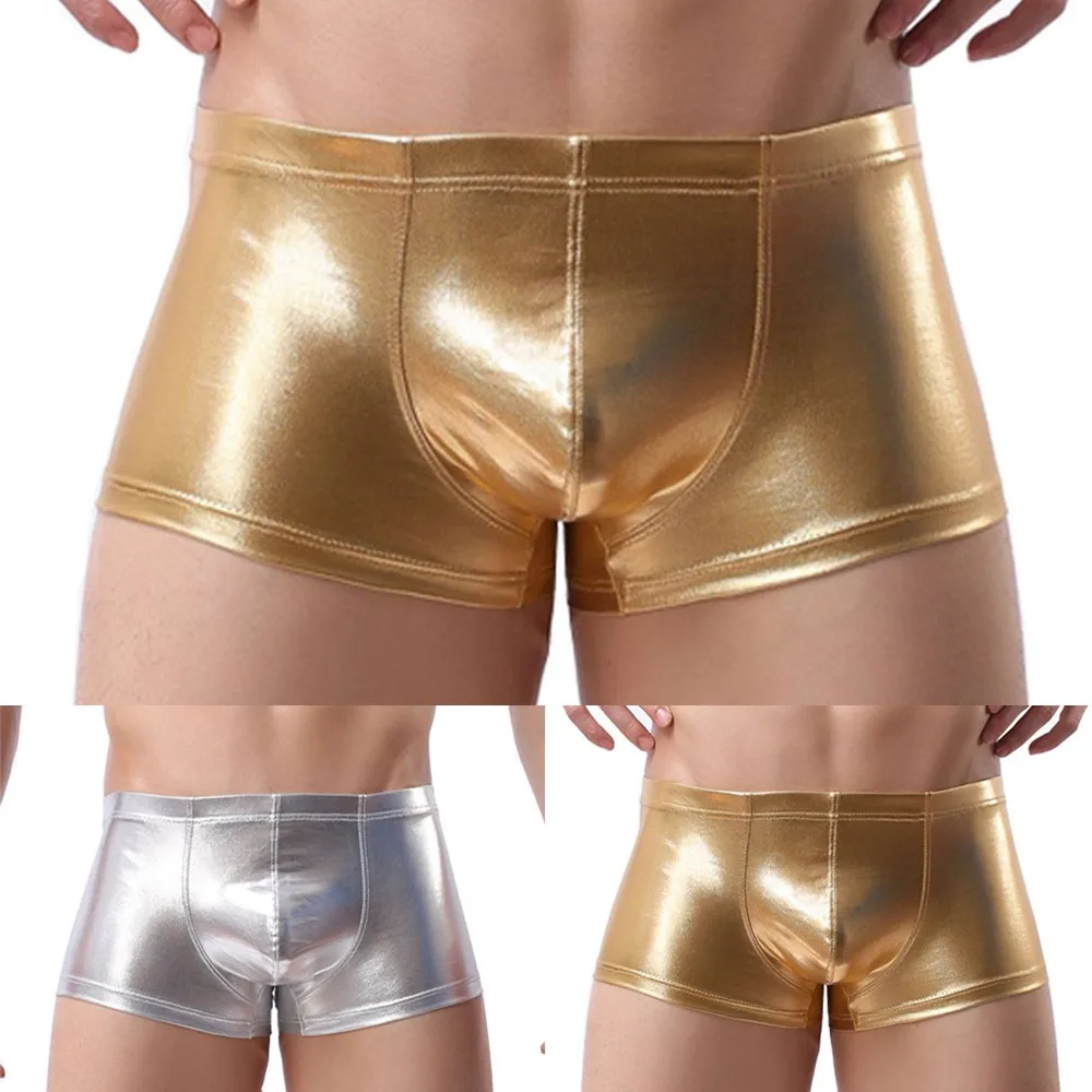 

Men Wet Look Gold/silver Bulge Short Pants Convex Pouch Boxer Briefs Trunks Sexy Bandage Fashion Club Pole Dance Bodycon Shorts