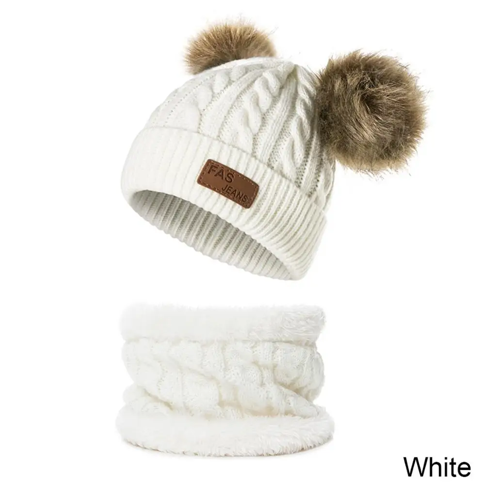 Милая детская зимняя вязаная шапка, шапки для девочек и мальчиков, теплая зимняя Круглая Шапочка Шапка Кепка, детский шарф с помпоном - Цвет: white