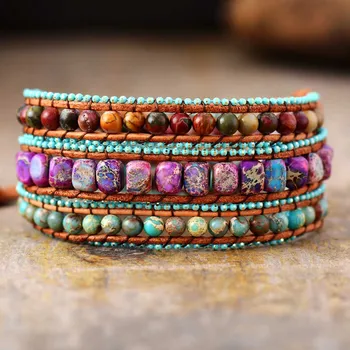 Bohemian Vintage Leather Wrap Bracelets W/ Mix Jaspers Stone 3 Strands Bracelet Bohemian Women Jewelry Bijoux Dropship