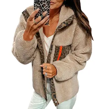 

Women Winter Leopard Print Stitching Buttons up Lapel Collar Warm Plushy Fashion Coat