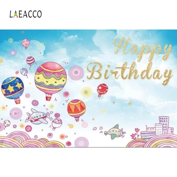 

Laeacco Baby Birthday Photocall Blue Sky White Clouds Hot Air Balloons Rainbow Buildings Photography Backgrounds Photo Backdrops