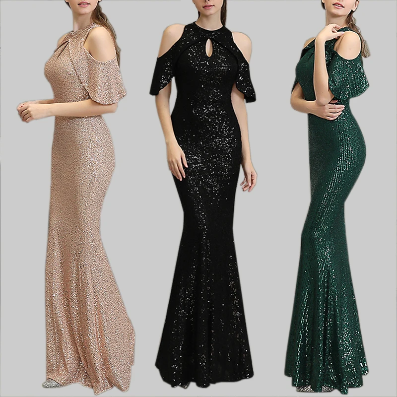 Women Sequined Off Shoulder Mermaid Long Dress Evening Party Sexy Ruffle Maxi Gown Formal Summer Sparkle Solid Clothes Black | Женская