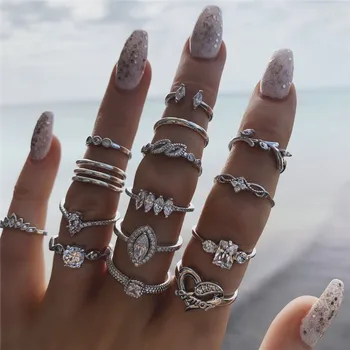 

15 Pieces\set Fashion Zircon Crystal Stainless Steel Ring Set for Woman Simple Heart Geometric DLY Knuckle Ring Jewelry Gift