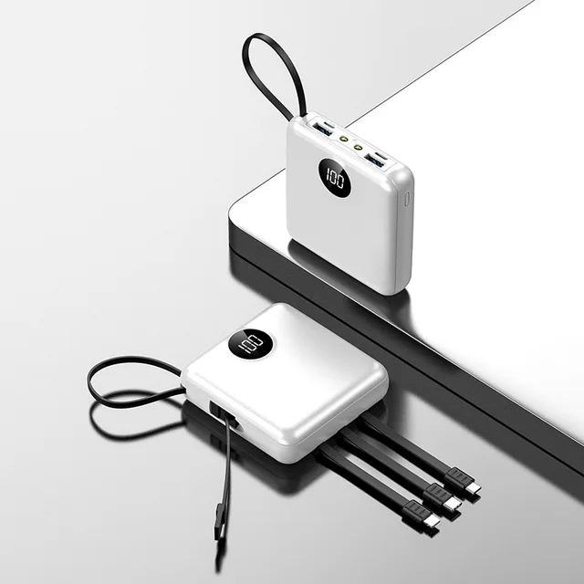 Mini Power Bank Portable Charger Digital Display 20000mAh External Battery Built in 4 Cables Powerbank Dual LED Light Powerbank White