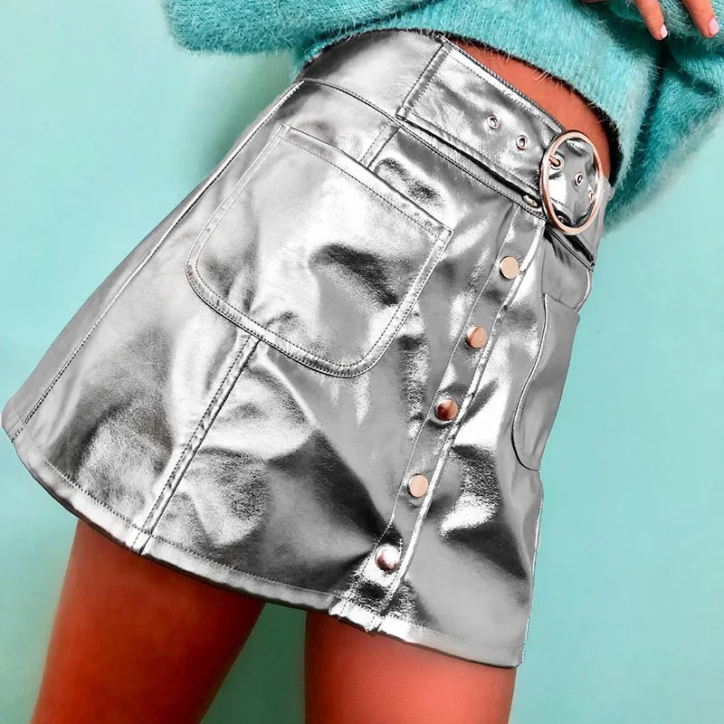 Осенняя Серебряная винтажная юбка в стиле хип-хоп из искусственной кожи, Женская мини-юбка с металлической пуговицей и поясом, с высокой талией с карманами, Клубная одежда, кожаные юбки