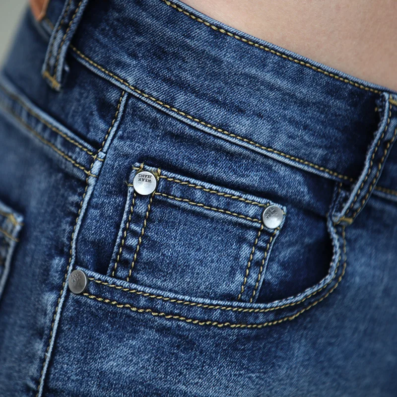 Summer 2021 MEN FASHION Casual Clothes For Teenagers Slim Denim Blue Flag Cropped Jeans Men\'s Breeches Denim Calf Length Pants
