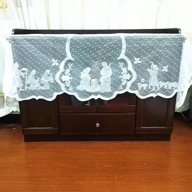 1Dcs Karácsonyi Csipke Terítő Szűz Mária Vallási Napi Kandalló Borító Divatasztal Futó Kemence Otthoni Buli Kellékek - Image 2