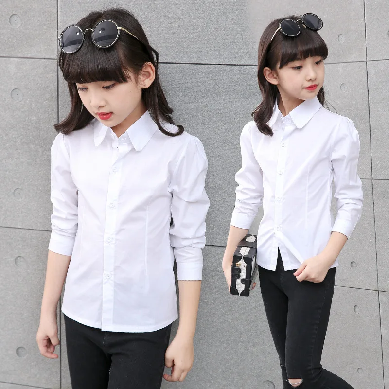

Girls Long Sleeve White Shirt 2018 New Style Cotton School Uniform Performance Versatile Solid Color Slim Fit Tops Boutique